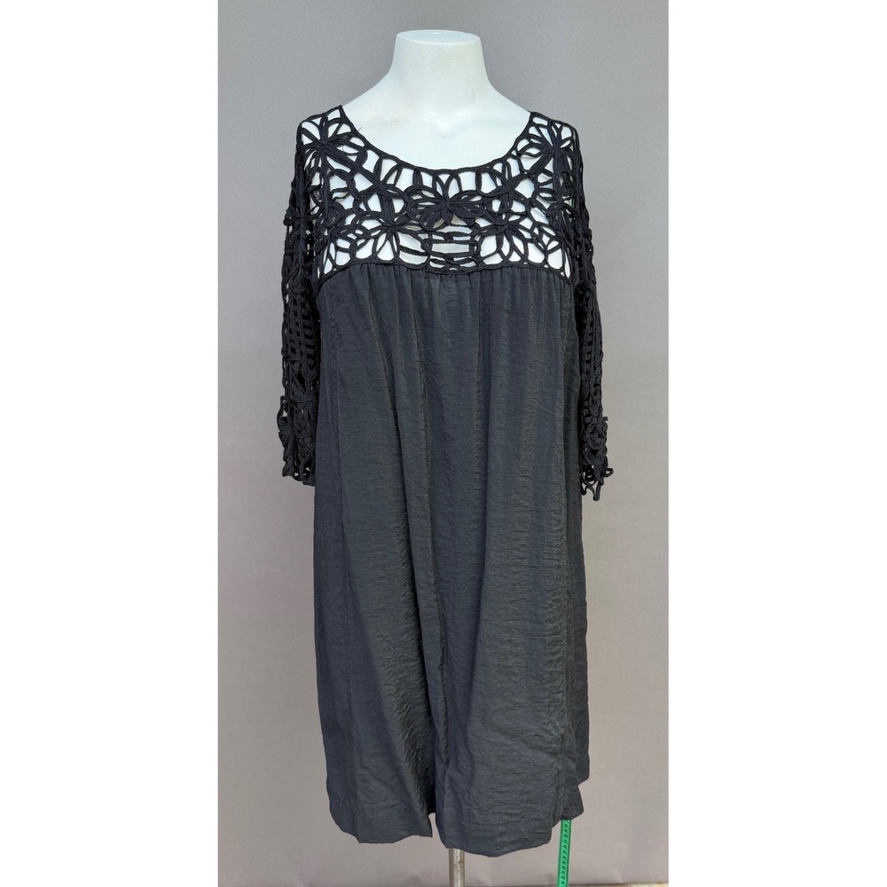Hot Delicious Black Crochet Yoke Silk Cotton Blend Shift Dress‎ L Goth Boho Chic